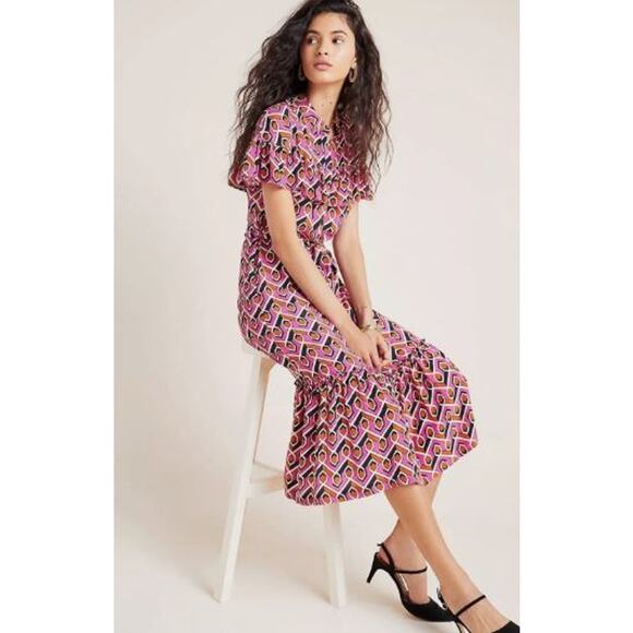 Anthro Corey Lynn Calter Shirt Dress Size Large Pink Geometric Print Tiered - Picture 1 of 11